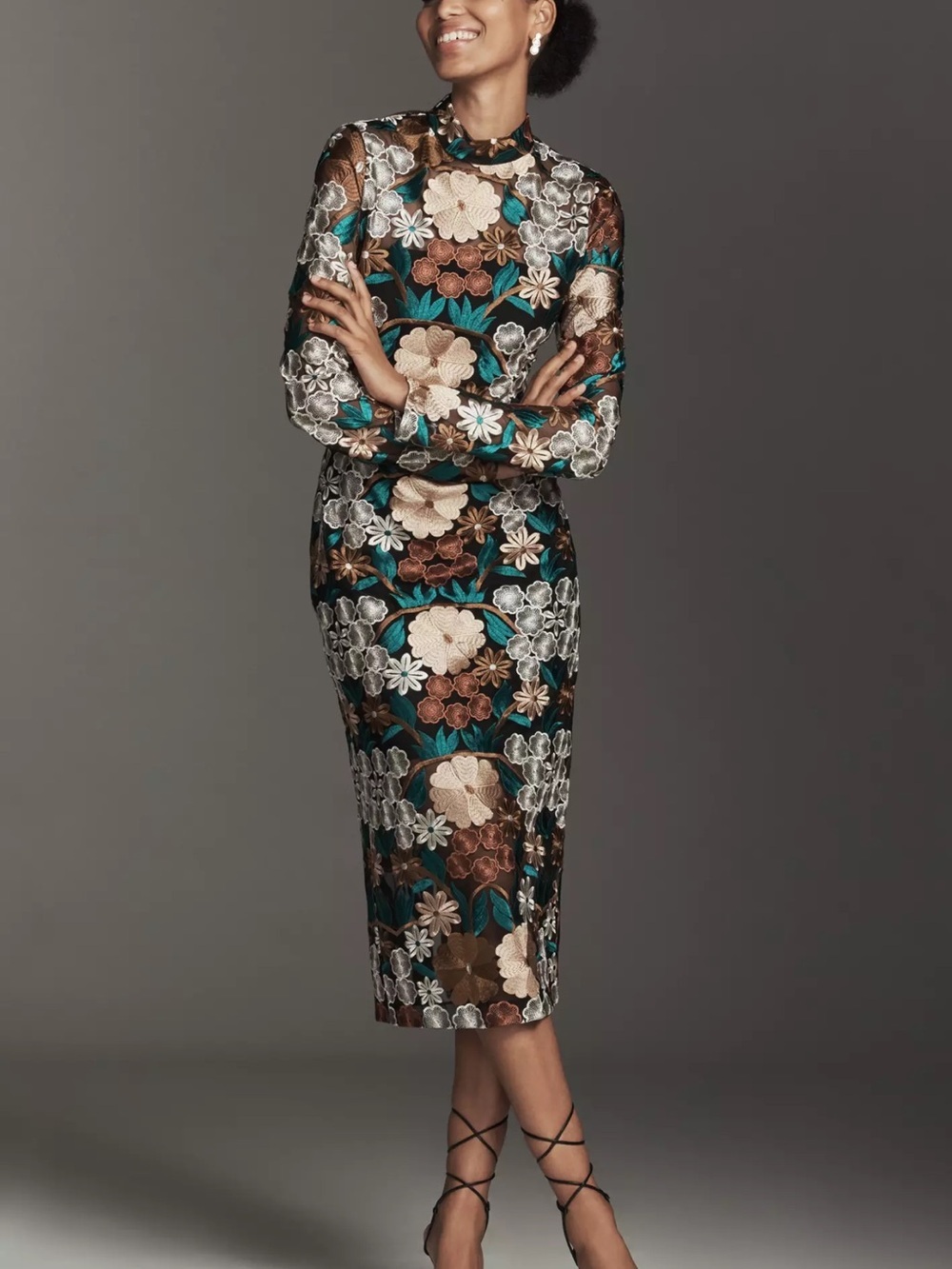 Endless Rose Mock Neck Embroidered Lace Long-Sleeve Midi Dress